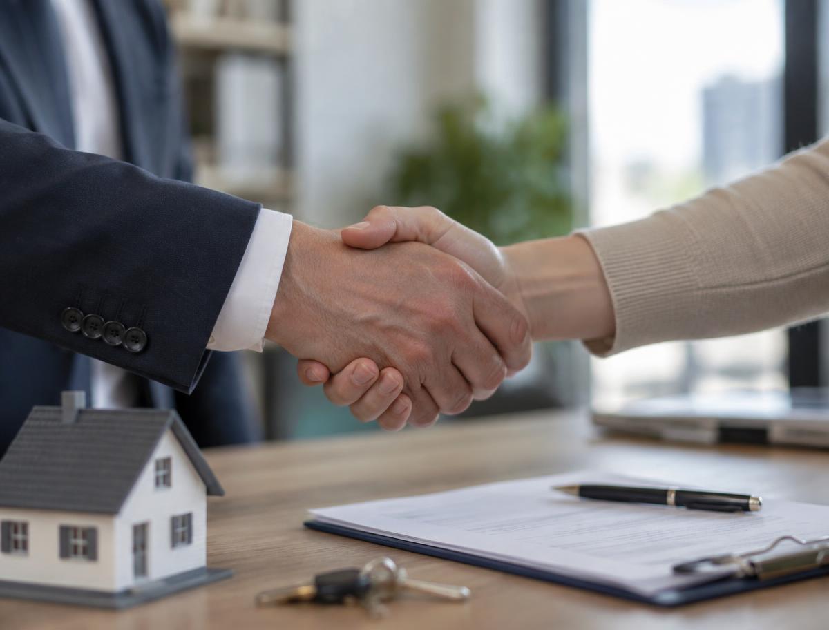 Two real estate professionals shaking hands outside a Southwest Florida home
